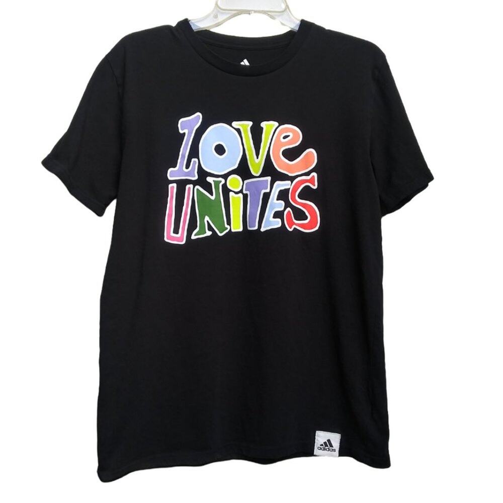 adidas "Love Unites" T-Shirt - Youth XL (18-20) - Black and rainbow -100% cotton